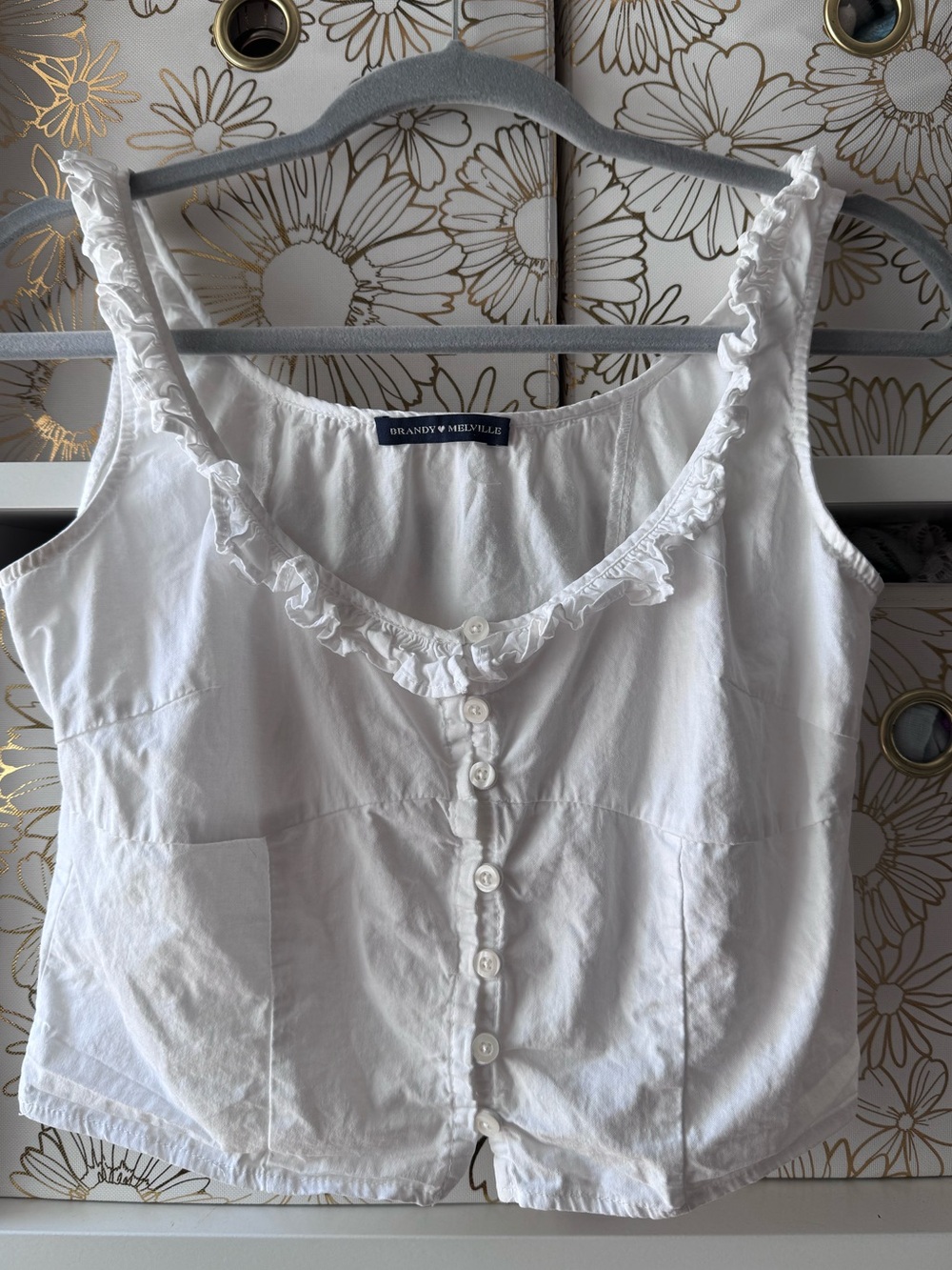 Brandy Melville White Ruffle-Trim Button Tank